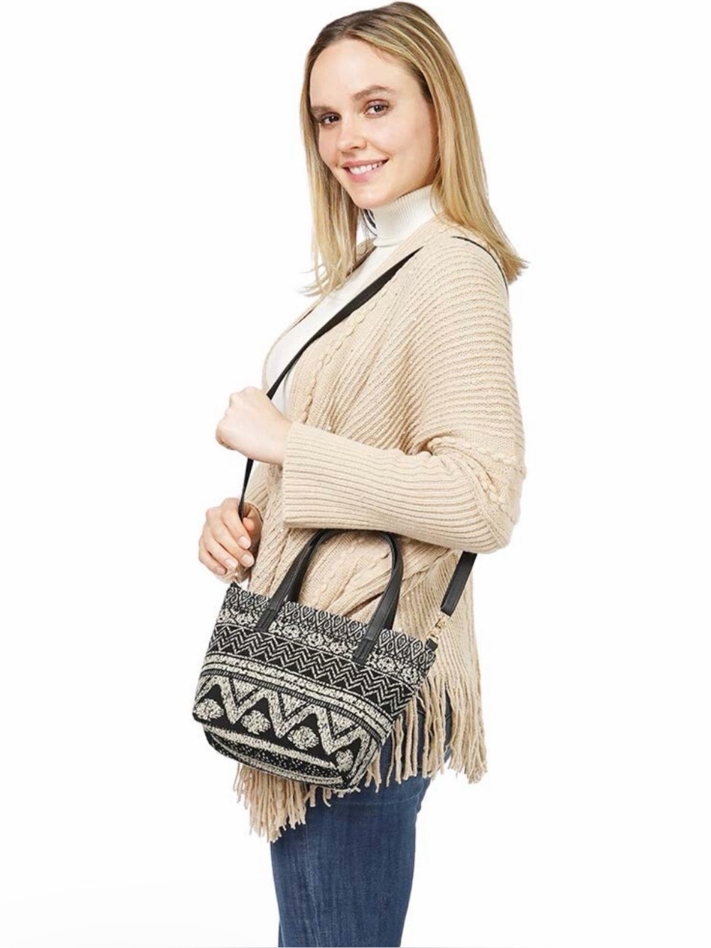 L.I.B New York. Black & Cream Woven Pattern Tote Bag with Removable Strap